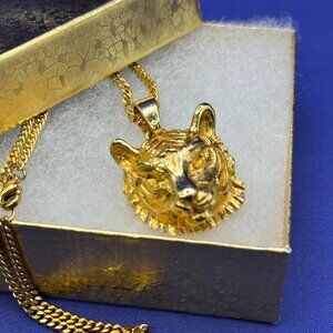 VTG Donald Stannard Gold-Plated Tiger Head Pendant Necklace